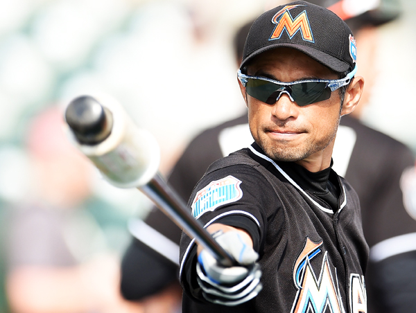 JUPITER, FL - MARCH 13:  Ichiro Suzuki #51 of the Miami Marlins participates in warmups prior to a spring training game against the New York Mets at Roger Dean Stadium on March 13, 2016 in Jupiter, Florida.  (Photo by Stacy Revere/Getty Images)